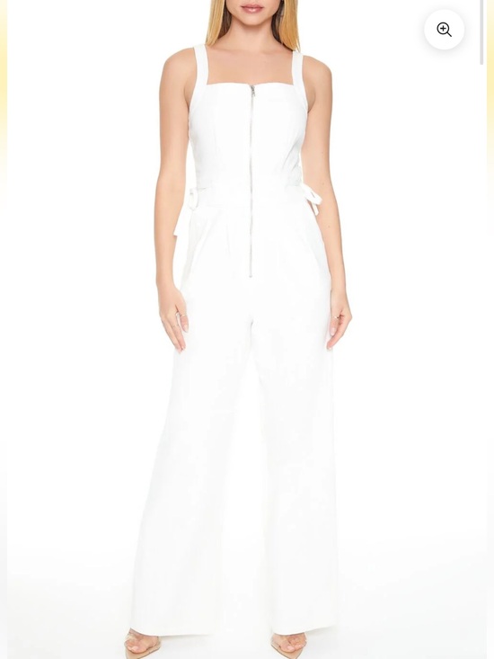 Forever 21 Pants - Forever 21 White Wide-Leg Denim Jumpsuit with Front Zip and Back Cutout size Med